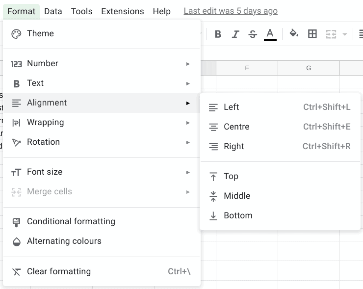 Google Sheets Format > Alignment menu options