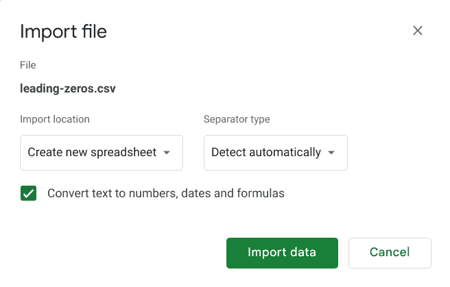 Google sheets file import screen