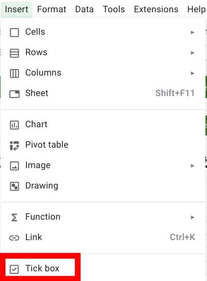 Google Sheets insert menu with Tick box highlighted